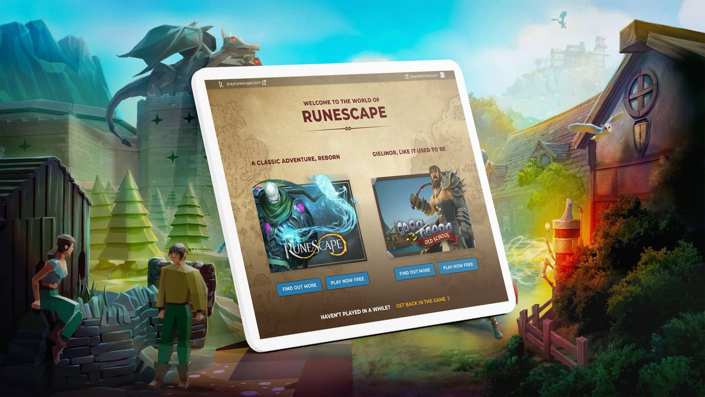 Tablet displaying RuneScape website with game options, set against a fantasy landscape with dragon, castle and cottage.