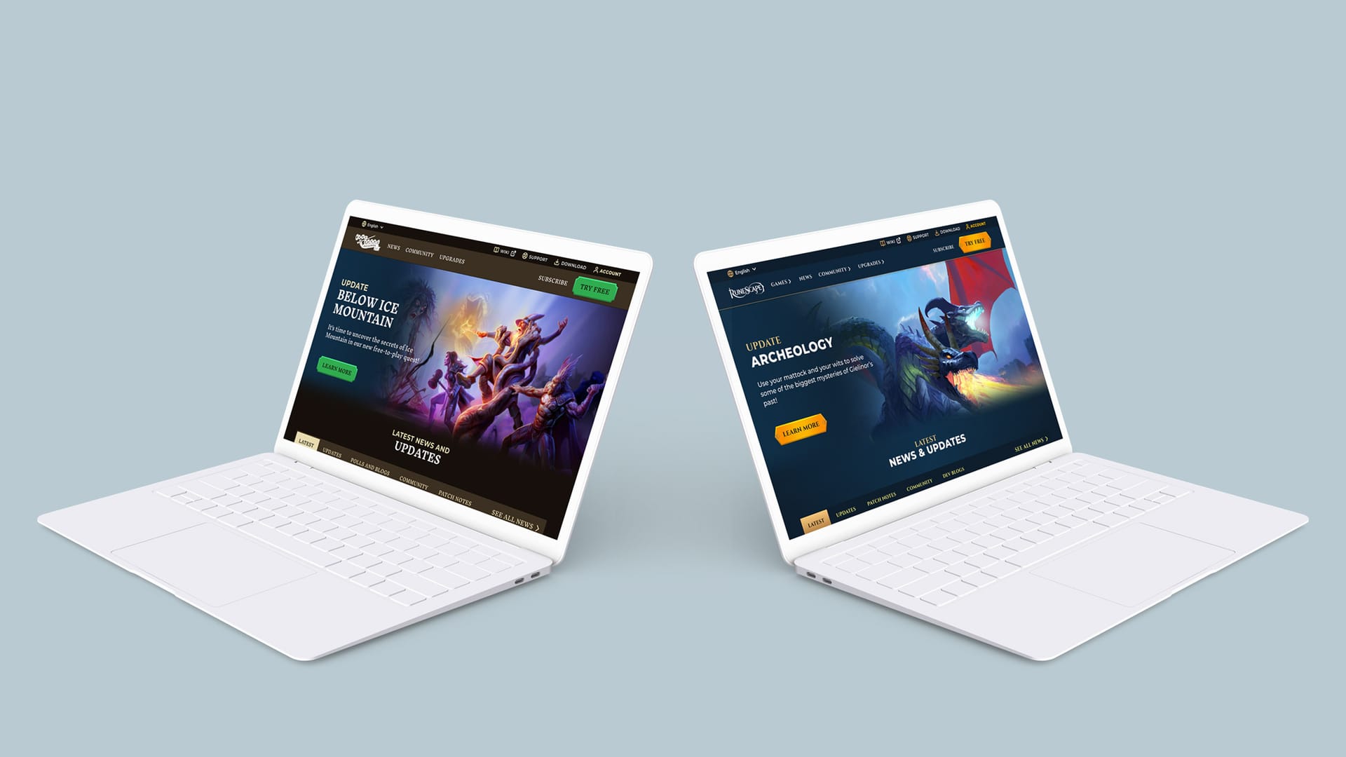 Two white laptops displaying RuneScape game websites featuring updates on "Below Ice Mountain" and "Archaeology" content.