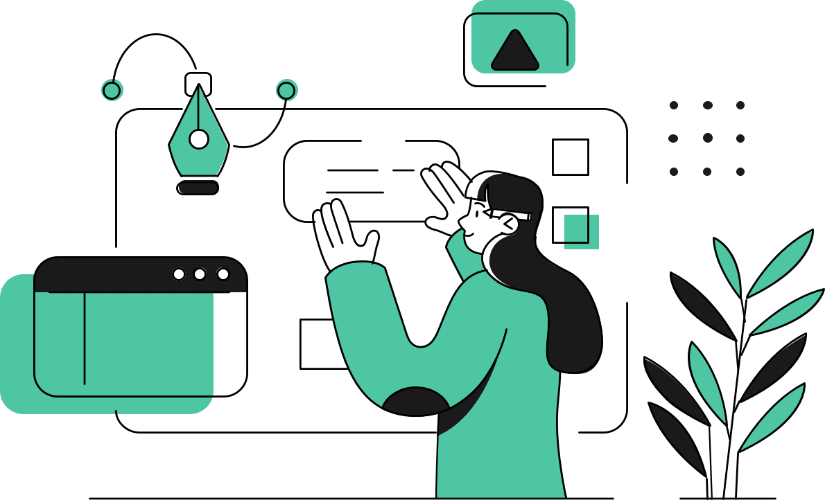 A woman in green arranging digital content with design tools, featuring a pen tool, screen elements and decorative plant.