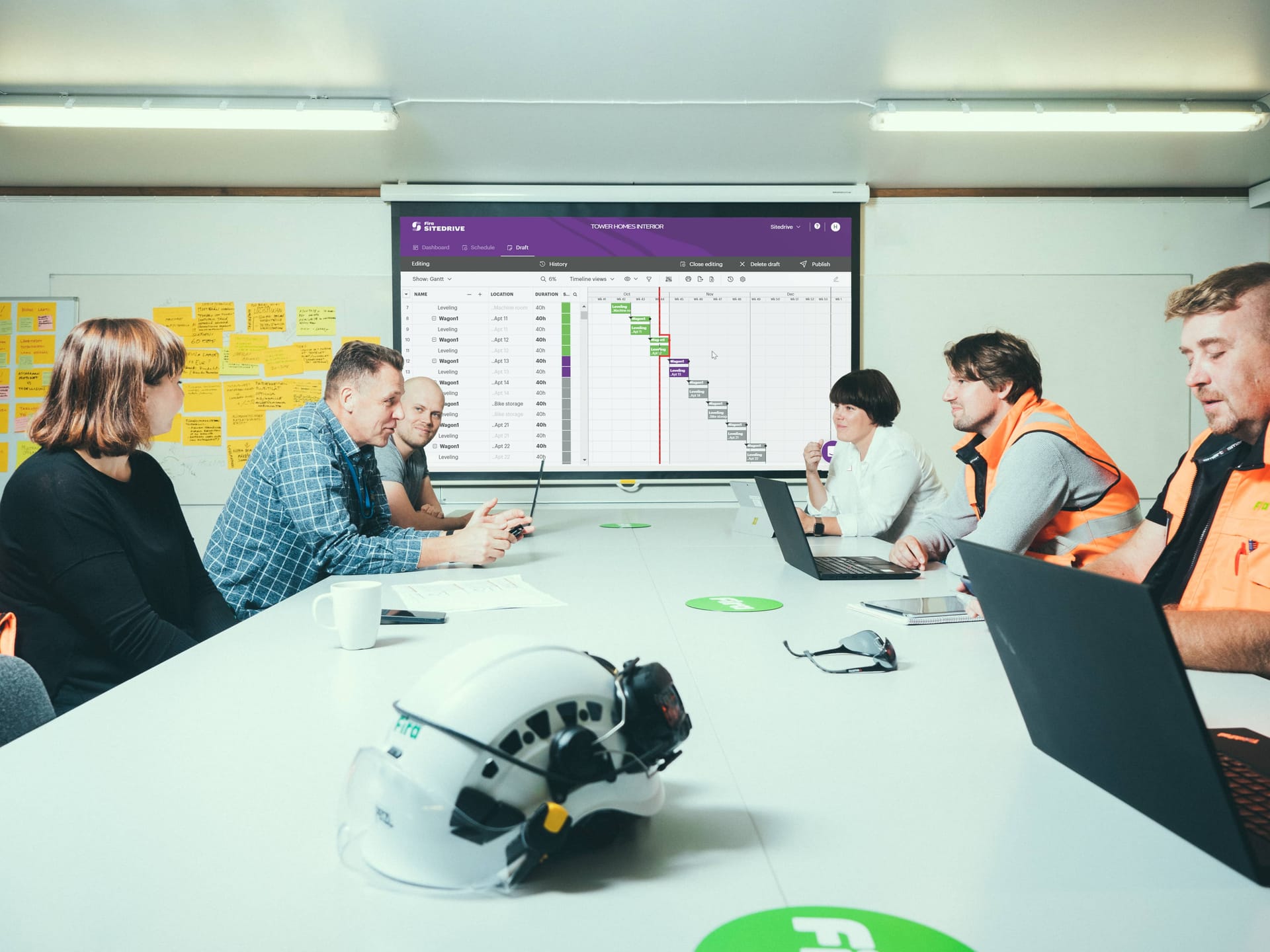 Team meeting in conference room with project timeline displayed on screen, safety helmet on table, and yellow sticky notes on wall.