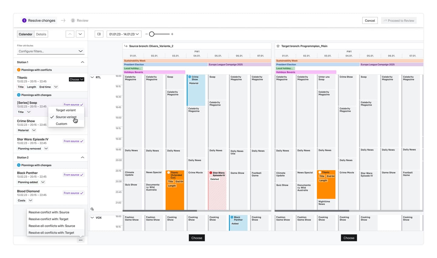 TV programming schedule interface showing side-by-side comparison of source and target branches with timeslots and show listings.