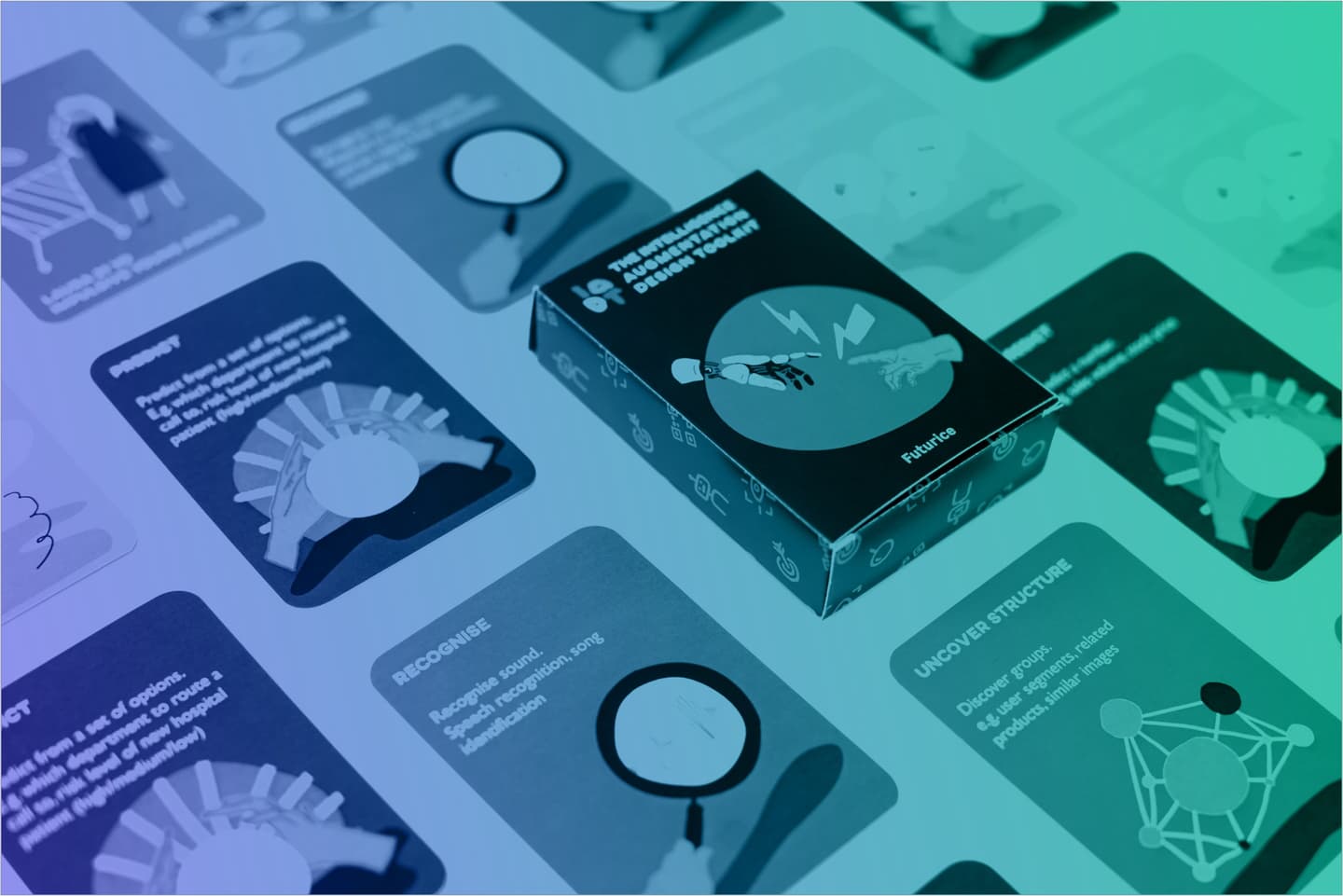 Digital information cards and packaging for AI technology displayed in blue and teal gradient lighting.