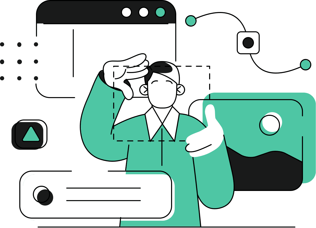 Stylized illustration of a person in green gesturing with hands during a video call, with interface elements around them.