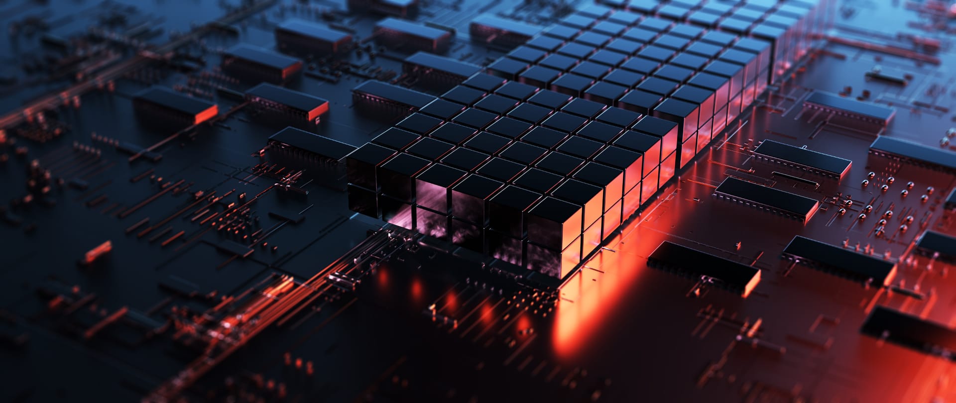 3D rendering of black cubes on a circuit board with blue and orange lighting, representing digital technology.