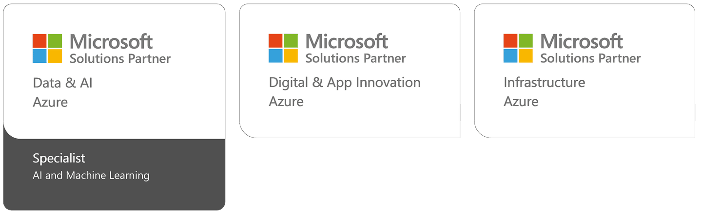 The image features 3 Microsoft Solutions Partner badges for Futurice, one each for Digital & App Innovation Azure (Specialist, Modernizaiton of Web Applications), Data & AI Azure, and Infrastructure Azure.