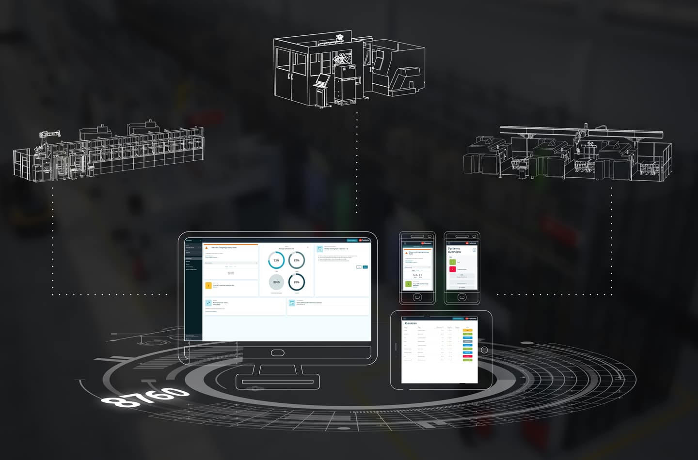 Digital dashboard with computer, tablet and phones connected to wireframe industrial machinery systems on dark background.