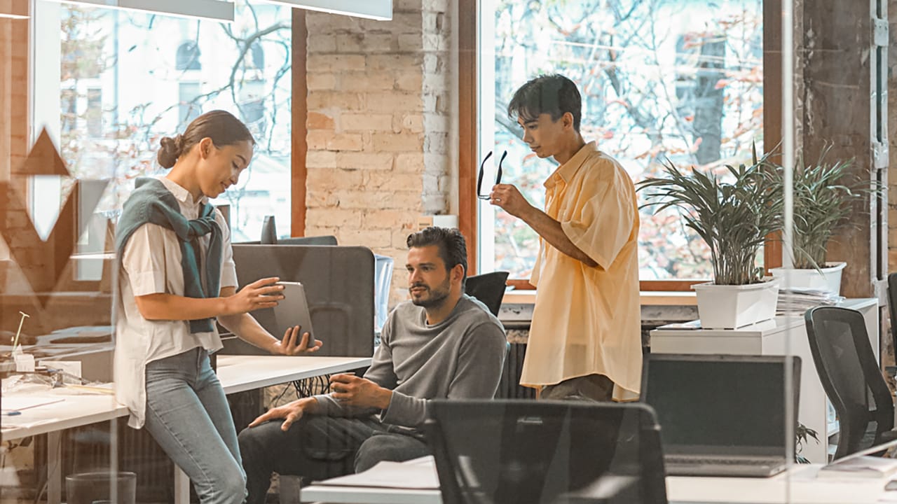 Three colleagues collaborating in a modern office with exposed brick walls, large windows and indoor plants.