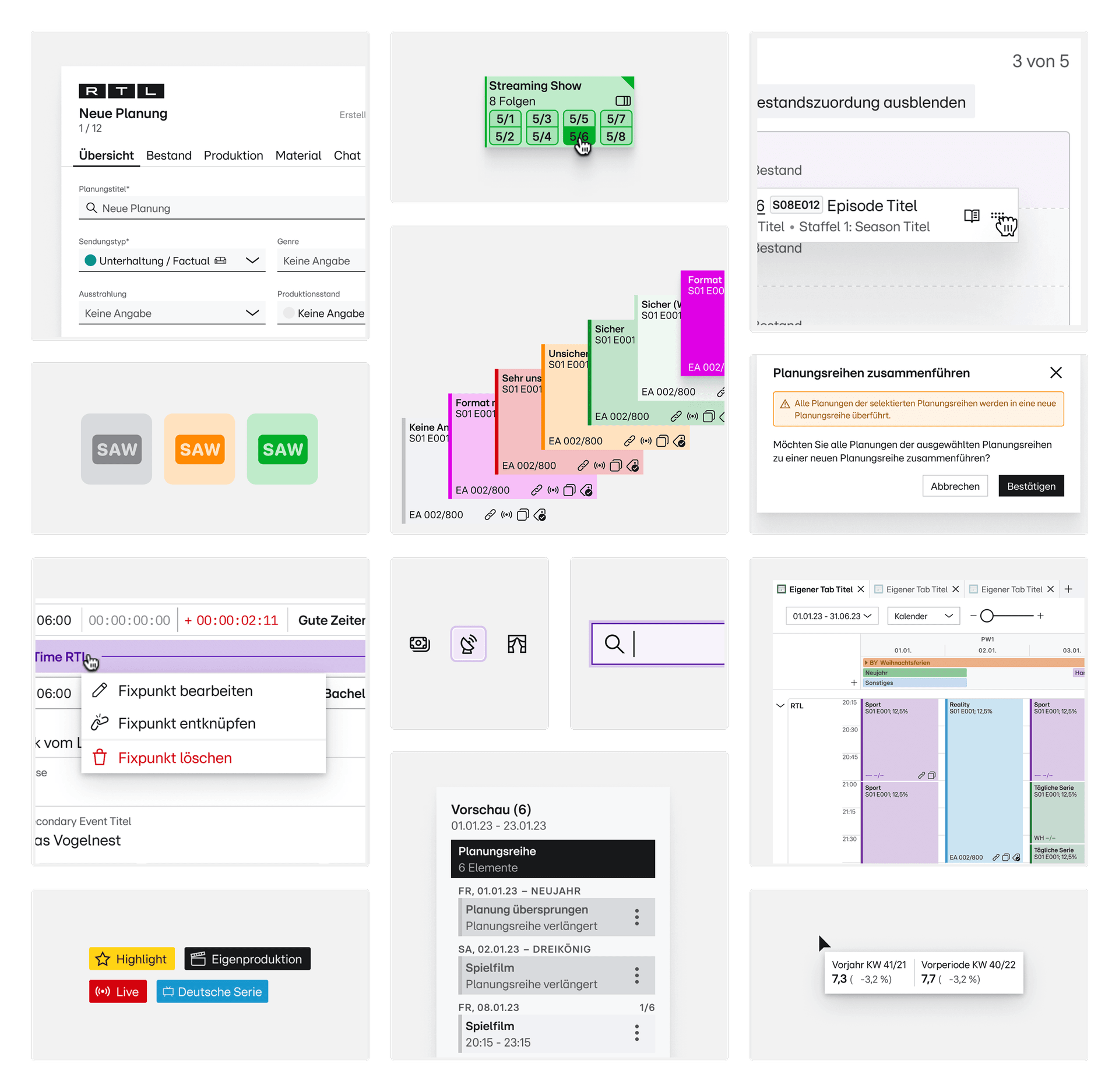RTL content management interface showing streaming schedule, episode planning, and calendar views with colour-coded programme blocks.
