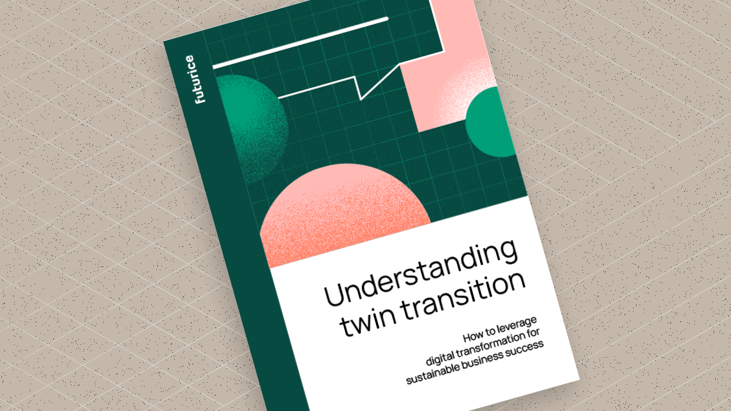 Modern book cover with green and pink geometric design titled "Understanding twin transition" about digital transformation.