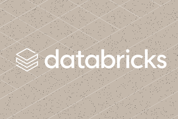 Databricks logo in white on a beige textured background with grid pattern and small dots.