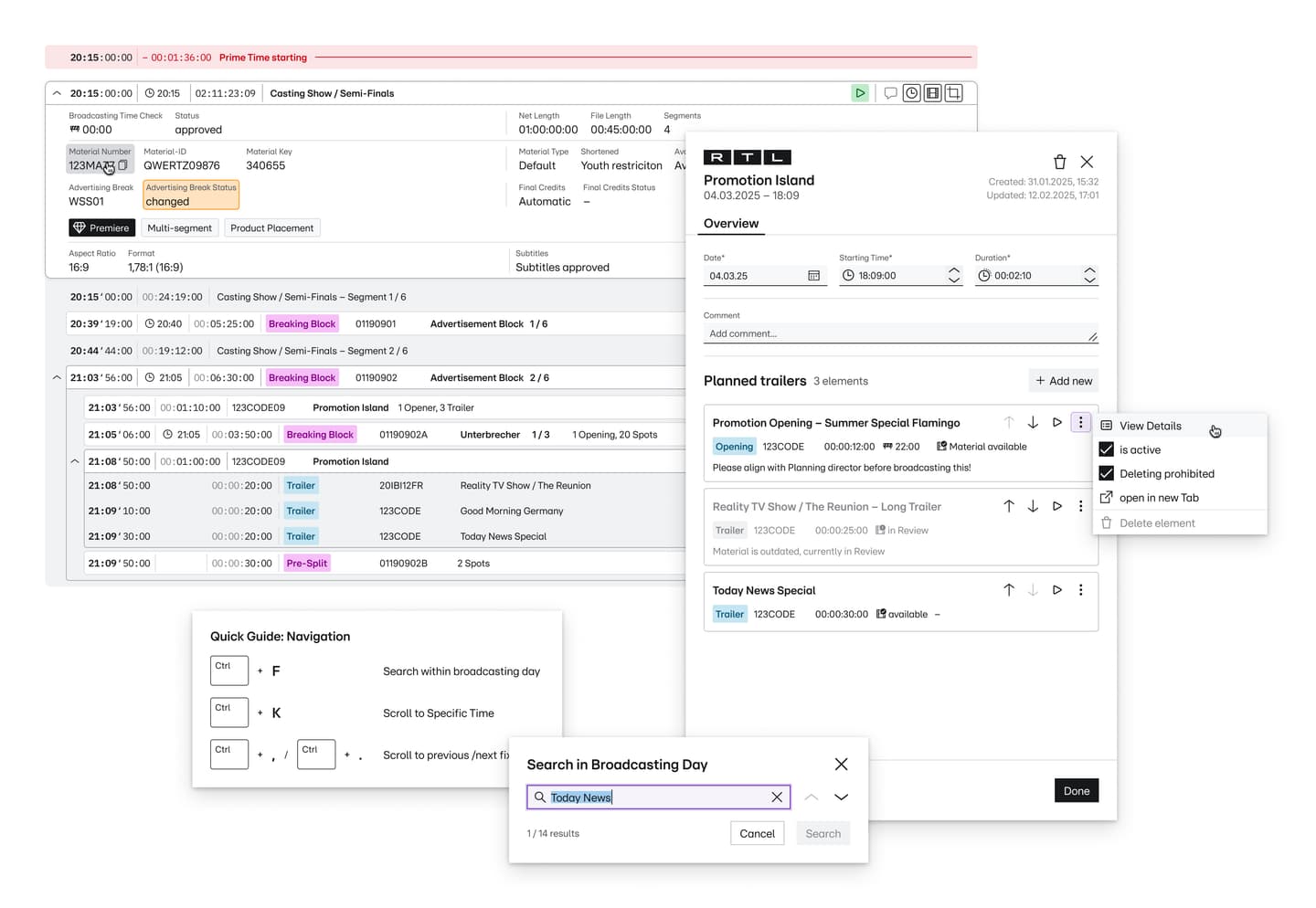 Broadcasting schedule interface showing programme timeline with casting shows, promotion blocks and search functionality.