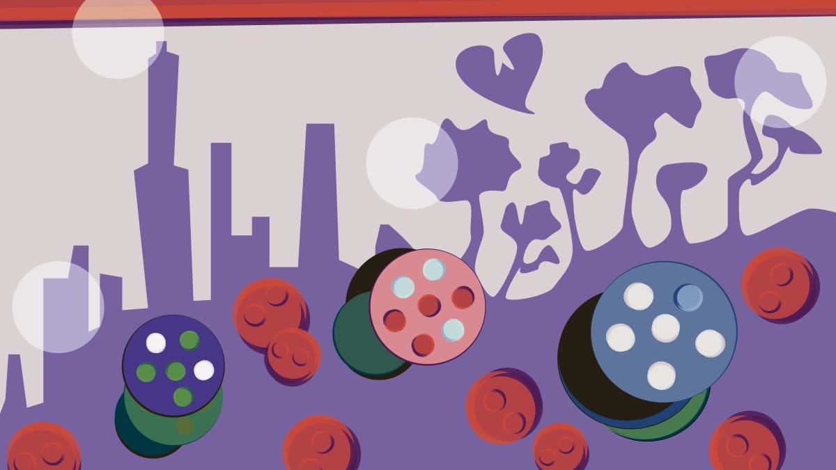 Colourful abstract illustration with purple city skyline and circular buttons in blue, pink, and red against a lavender background.