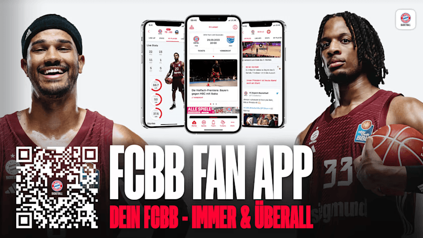 Basketball players in maroon jerseys flank three smartphones displaying the FCBB Fan App with QR code for download.