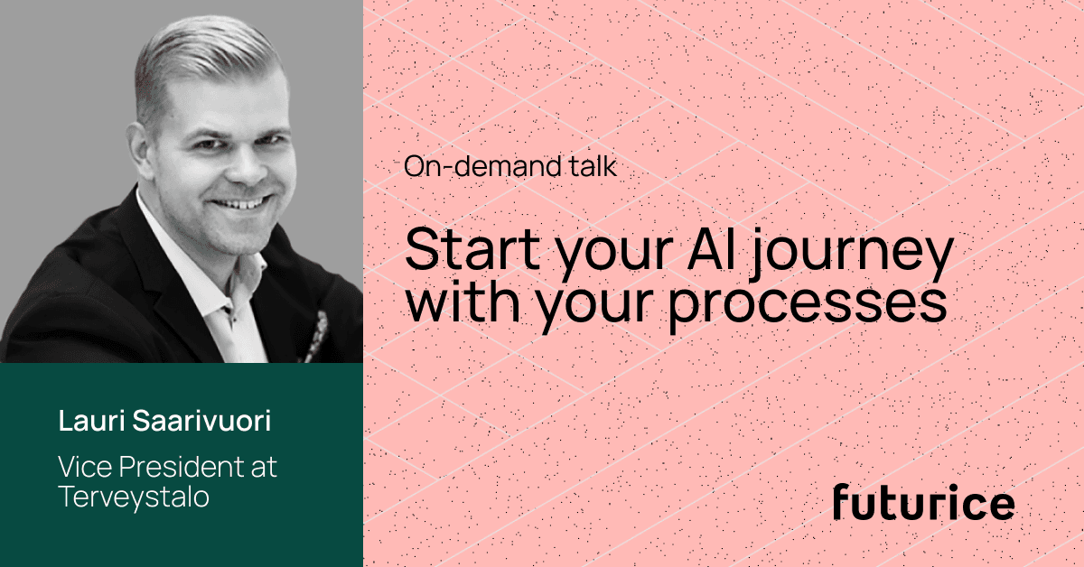 Professional in dark suit next to pink banner reading "Start your AI journey with your processes" for an on-demand talk.