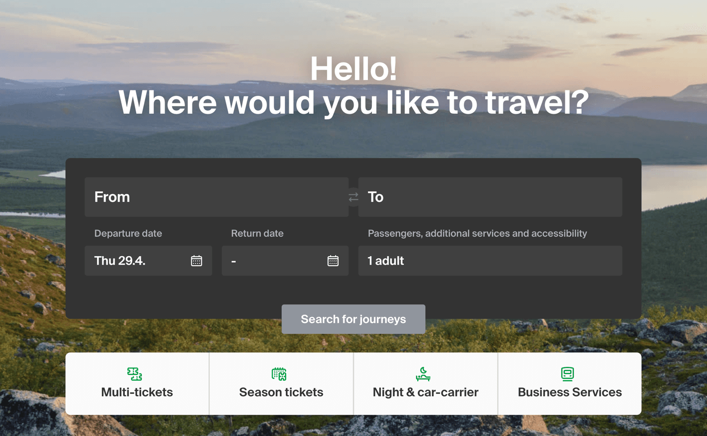 Travel booking interface with mountain landscape background, showing journey search form and ticket options.