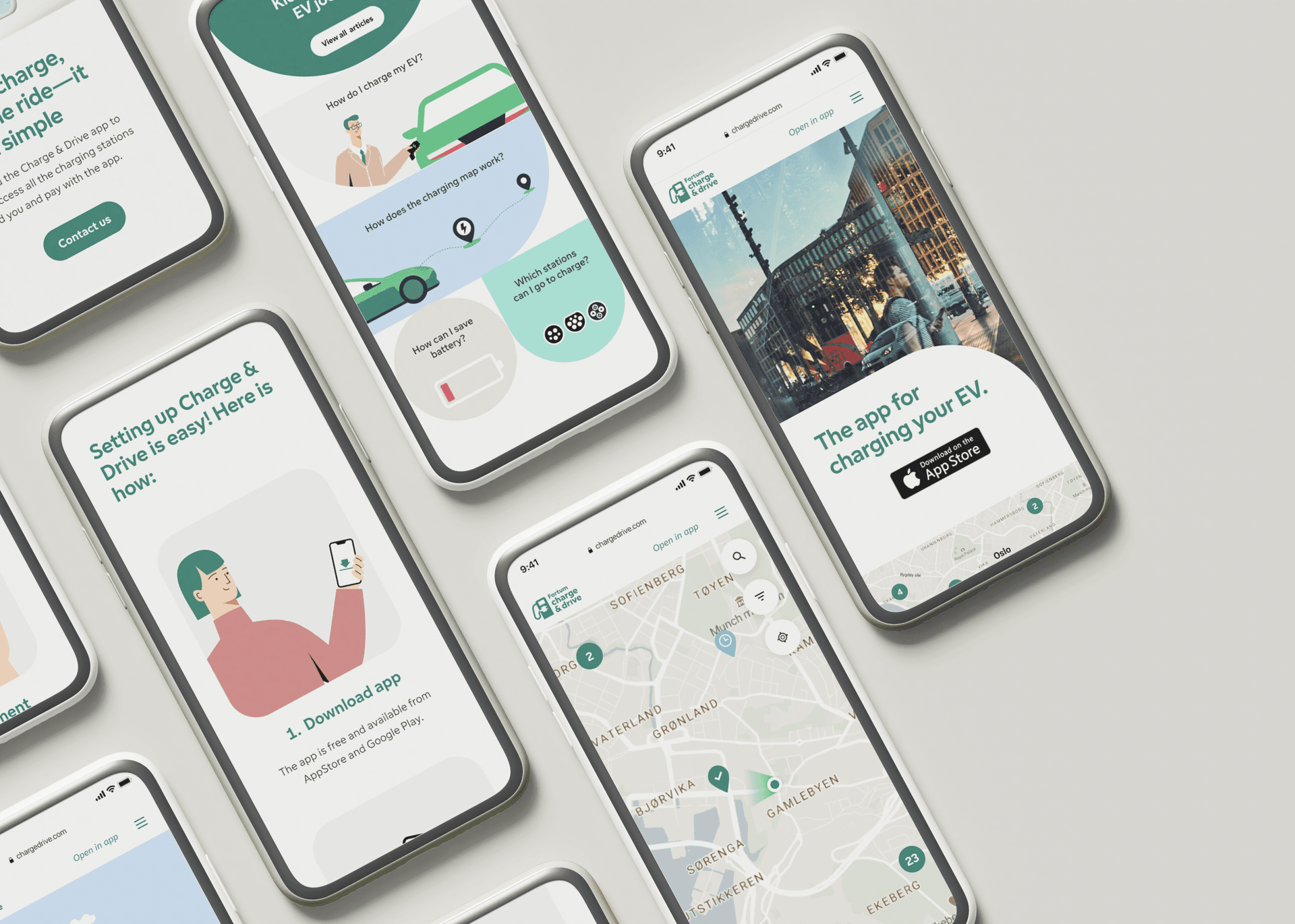 Multiple smartphone screens displaying Charge & Drive app features, including EV charging maps, setup instructions, and city navigation.
