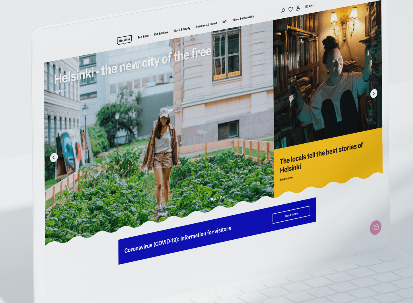 Helsinki tourism website showing a person walking through an urban garden and another browsing books in a library.