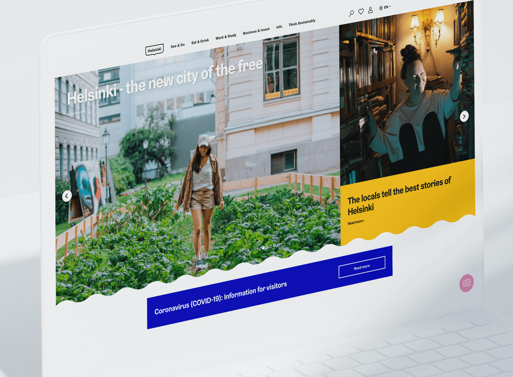 Helsinki tourism website showing a person walking through an urban garden and another browsing books in a library.
