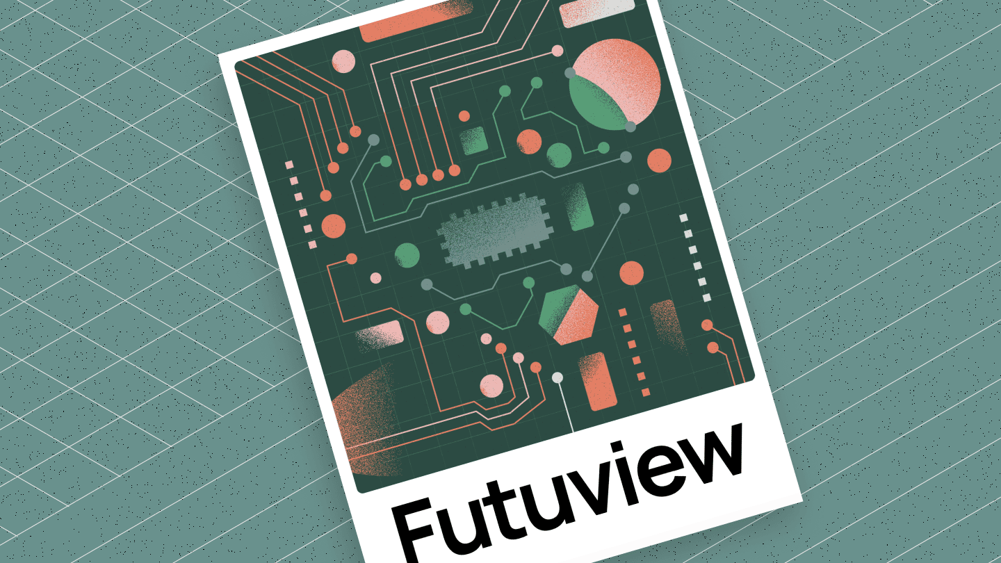 Stylised circuit board illustration with coral and green components on dark green background, with "Futuview" text below.