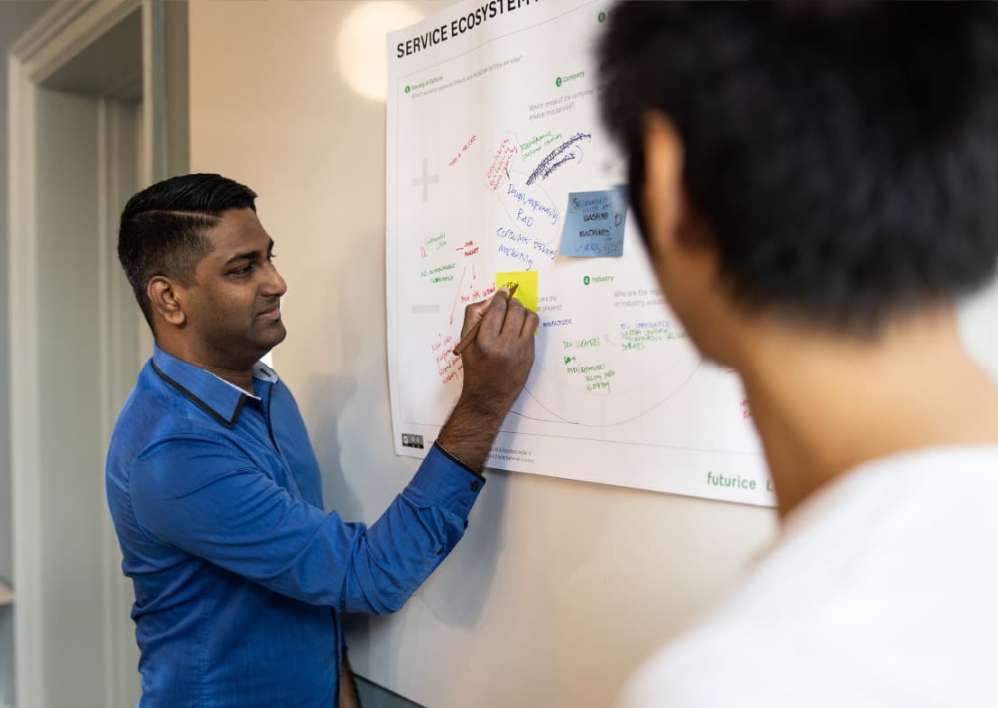 Person in blue shirt writing on a yellow sticky note on a "Service Ecosystem" board with colourful annotations.