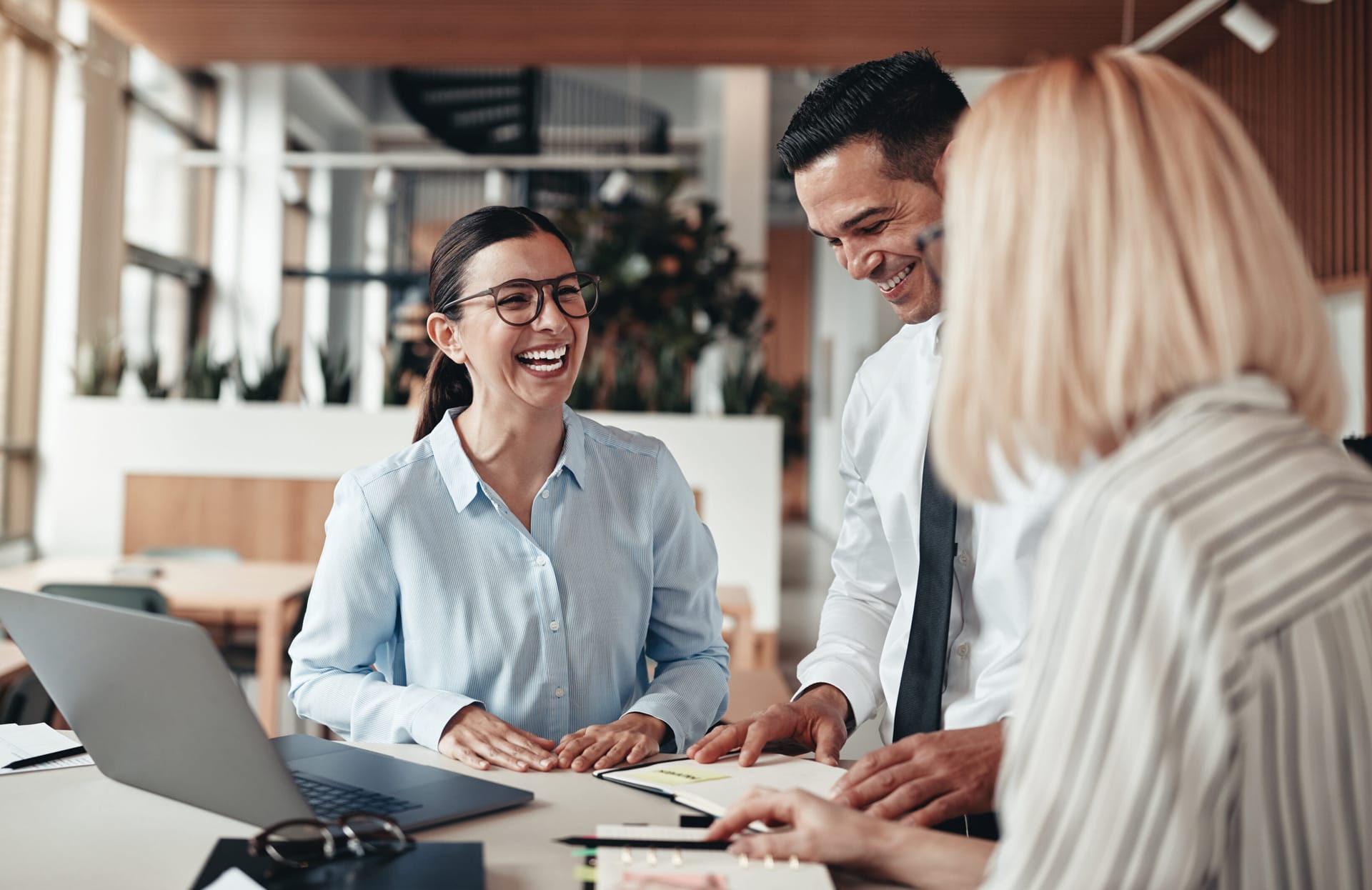 Three colleagues laughing during a meeting in a bright modern office with plants visible in the background.