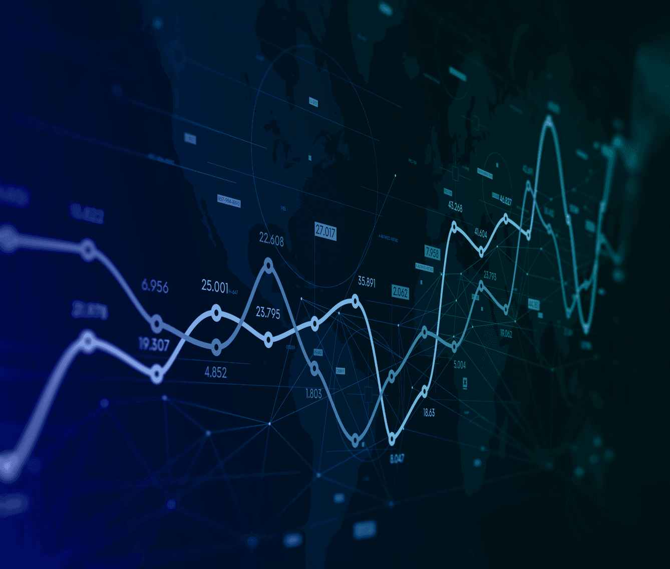 Financial data visualisation with glowing blue line graphs and numerical values on a dark background.
