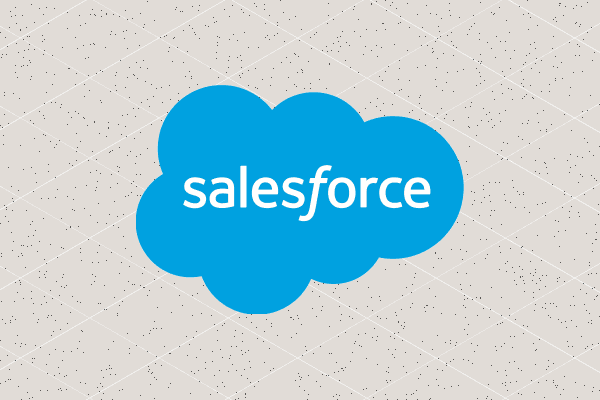 Salesforce logo featuring white text on a bright blue cloud shape against a light grey textured background.
