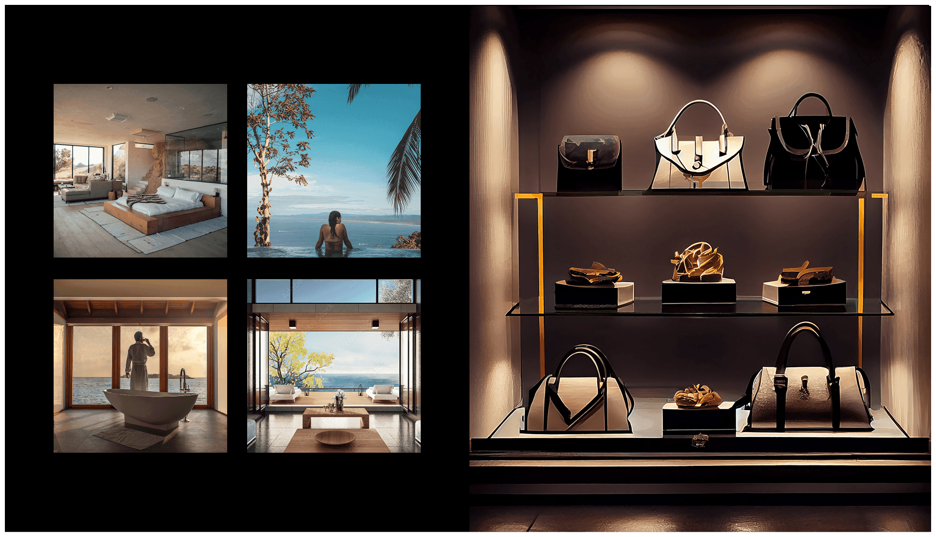 Luxury lifestyle collage featuring oceanfront properties with panoramic views and an elegant display of designer handbags on shelves.