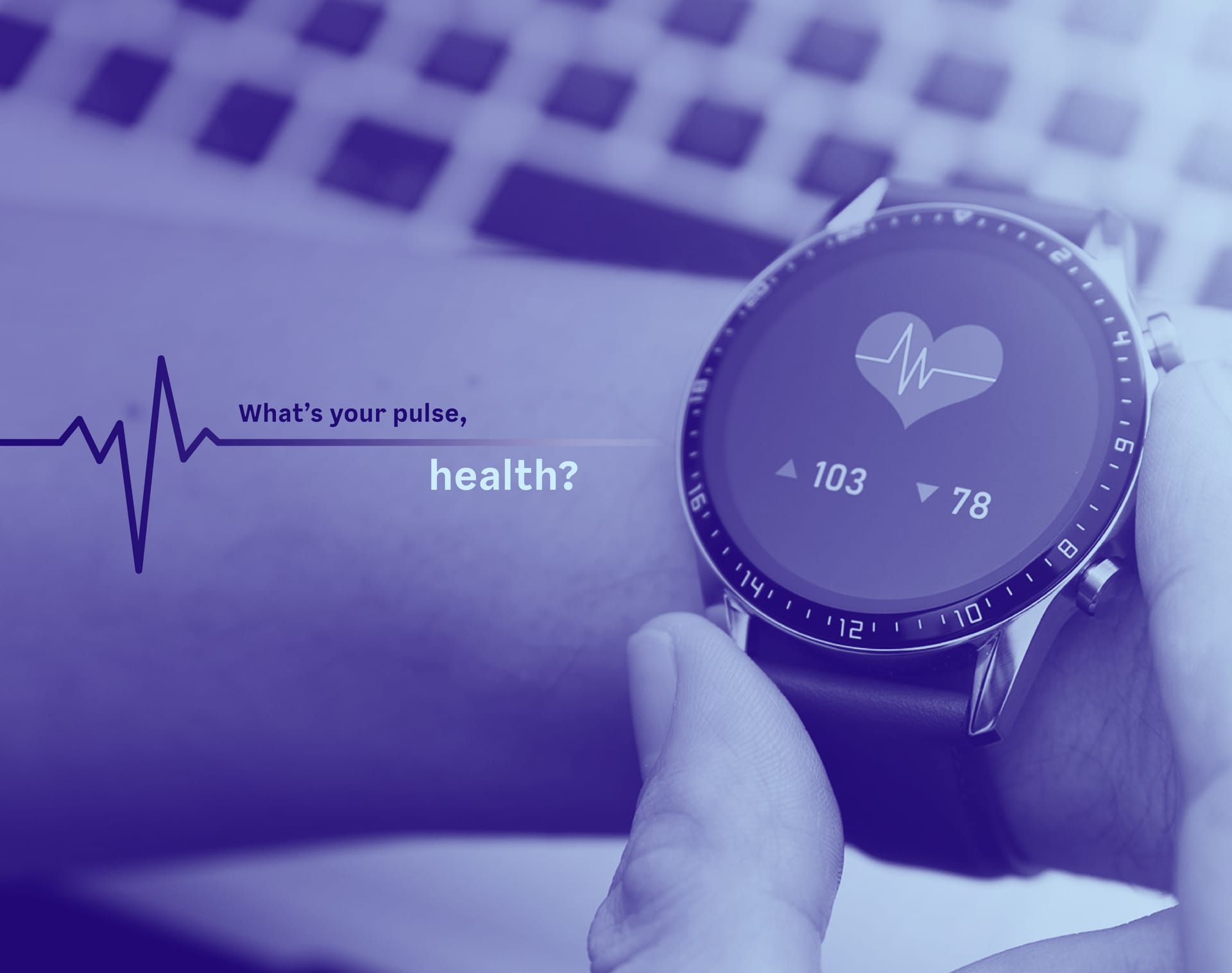 Smartwatch displaying heart rate of 103/78 with heartbeat graphic and text "What's your pulse, health?" in purple tones.