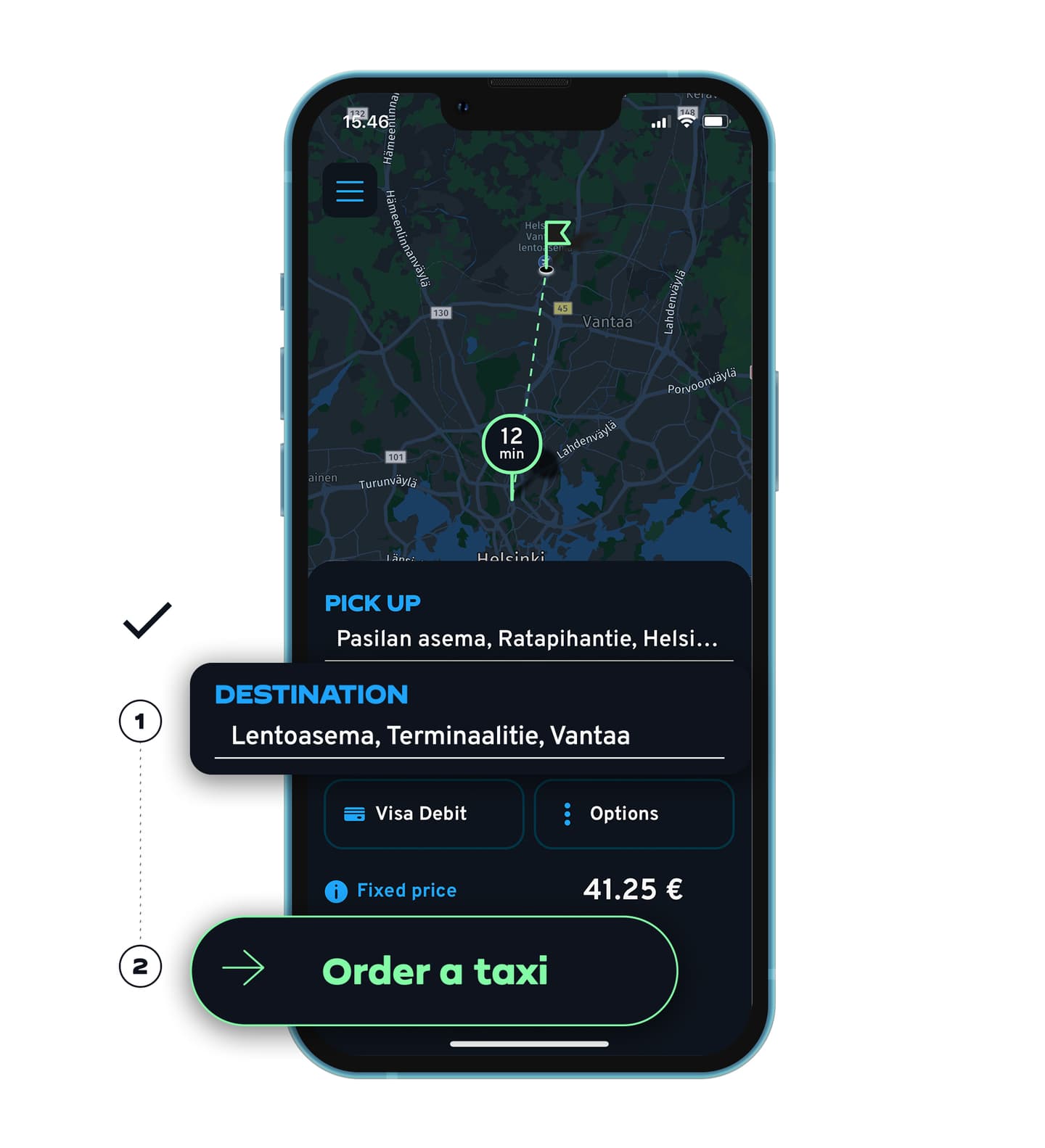 Taxi booking app showing a 12-minute journey from Helsinki to Vantaa airport, with fixed price of 41.25€.