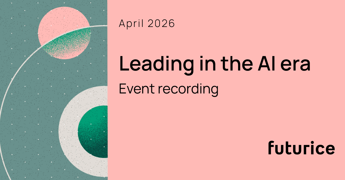 Abstract graphic with pink and green circles on teal background alongside "Leading in the AI era" event details for April 2026.