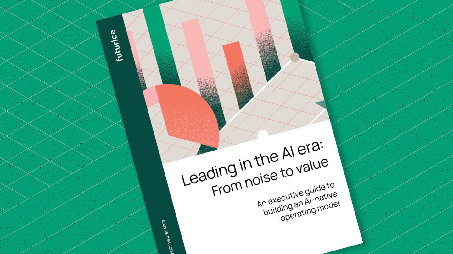 Stylized business report cover with abstract graphs on green background, titled "Leading in the AI era: From noise to value"