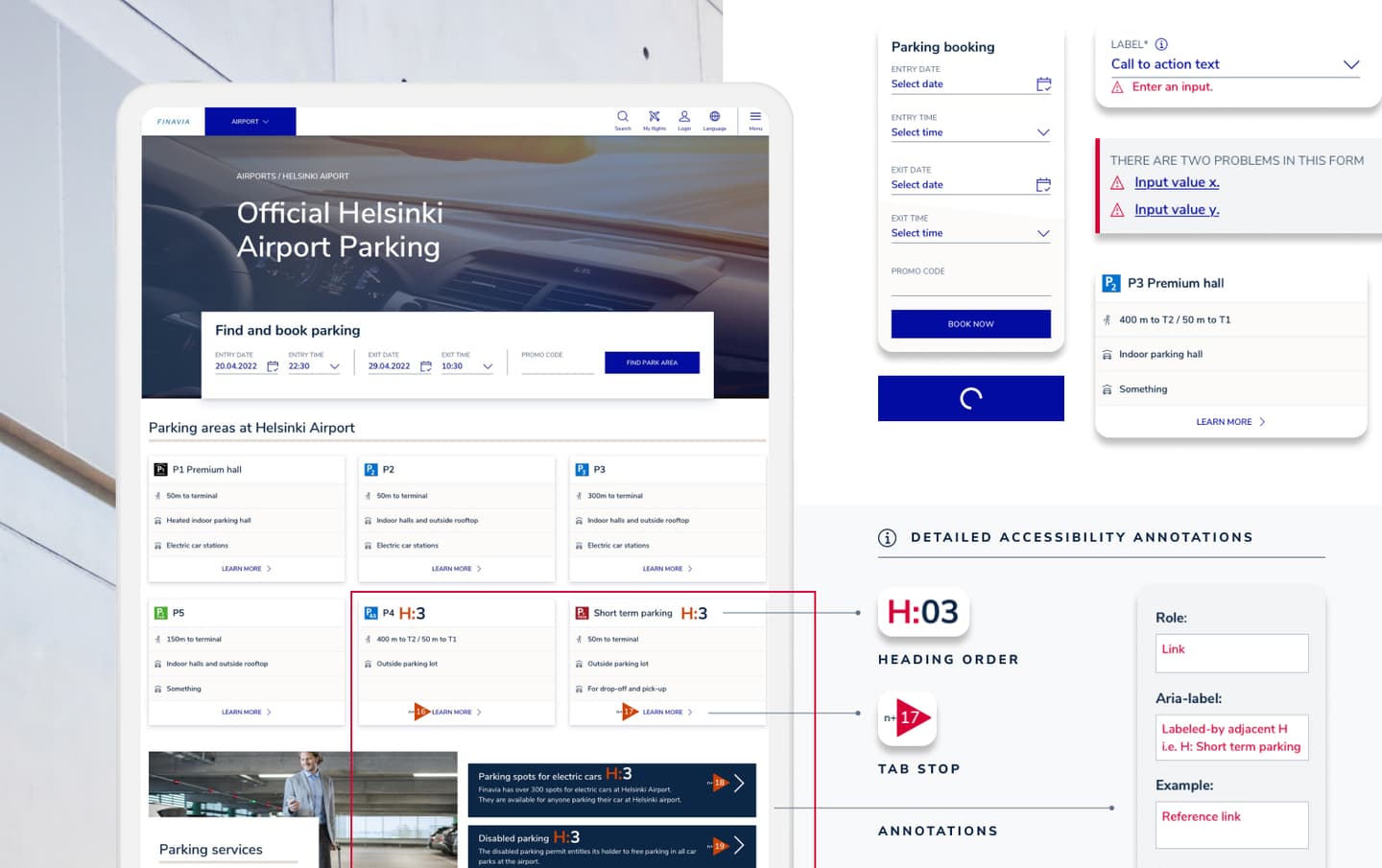Helsinki Airport parking booking interface showing reservation form, parking areas, and accessibility annotations with error indicators.