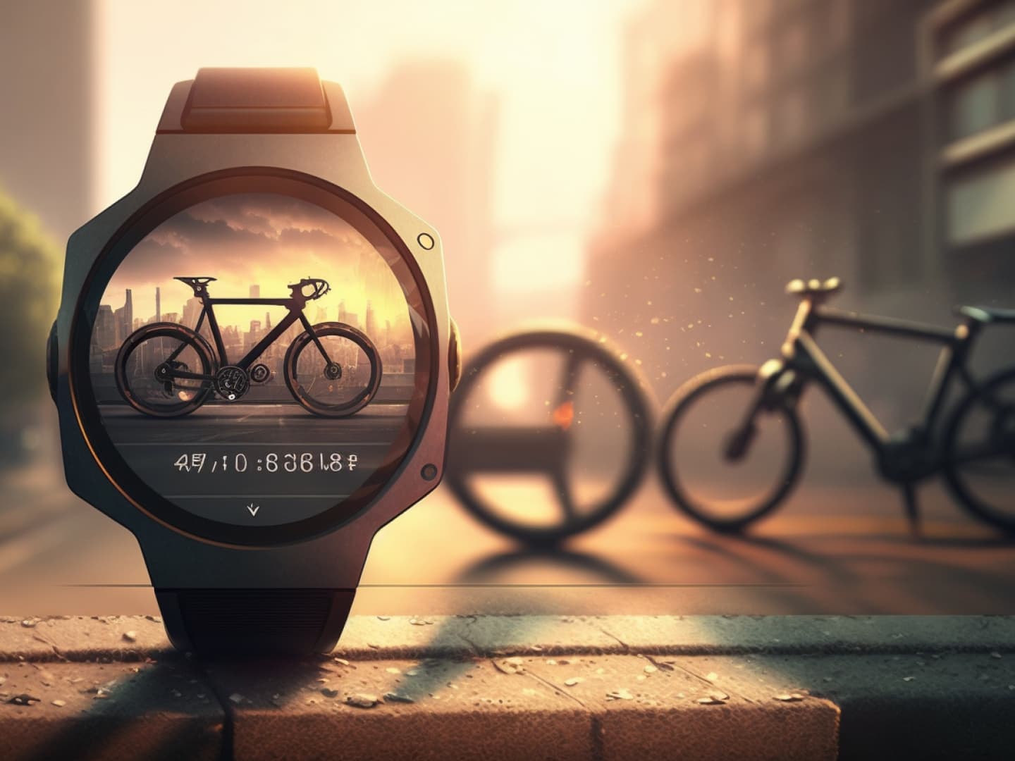 Smartwatch displaying bicycle on screen with city skyline at sunset, with actual bicycle blurred in background.