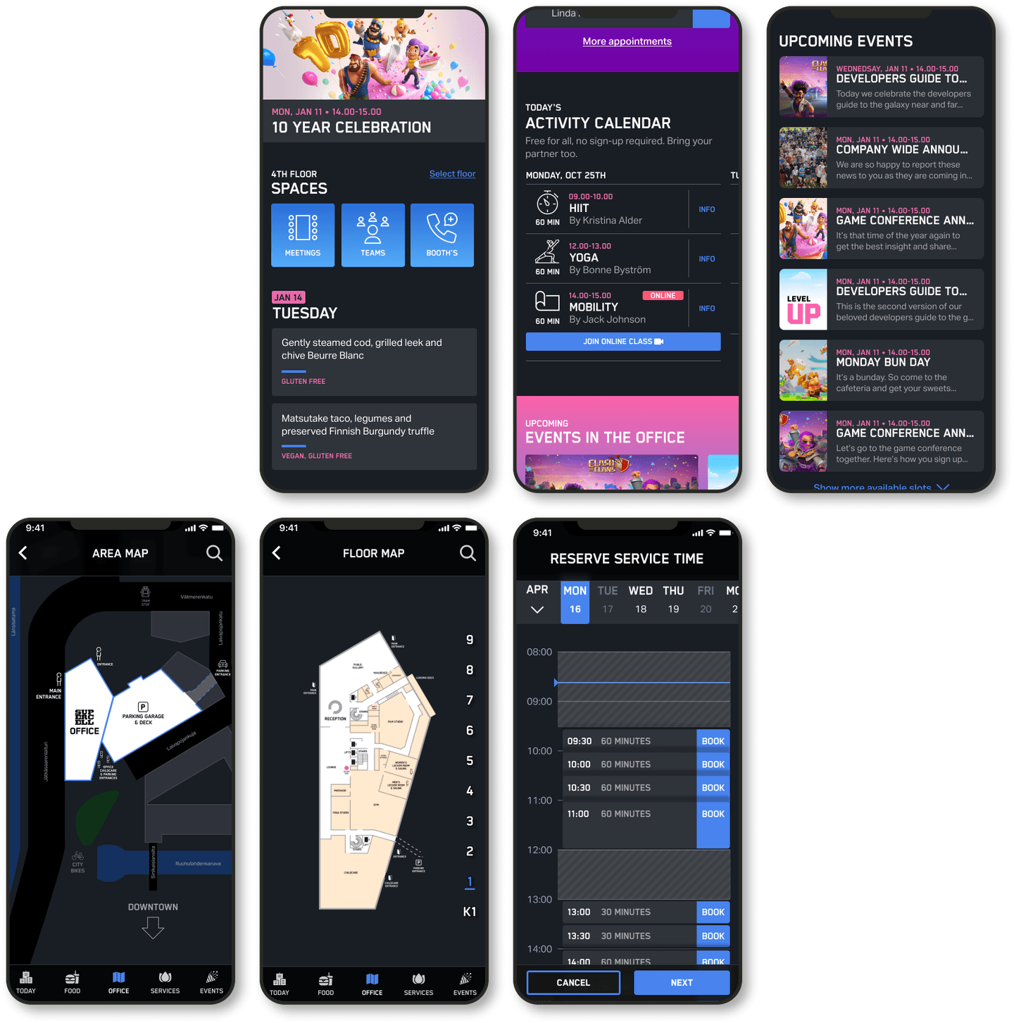 Mobile app interface showing event calendars, activity schedules, floor maps and a booking system for office services.
