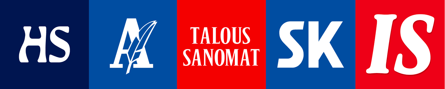 Logos of Finnish news publications displayed in a row: HS, Aamulehti, Talous Sanomat, SK and IS on coloured backgrounds.
