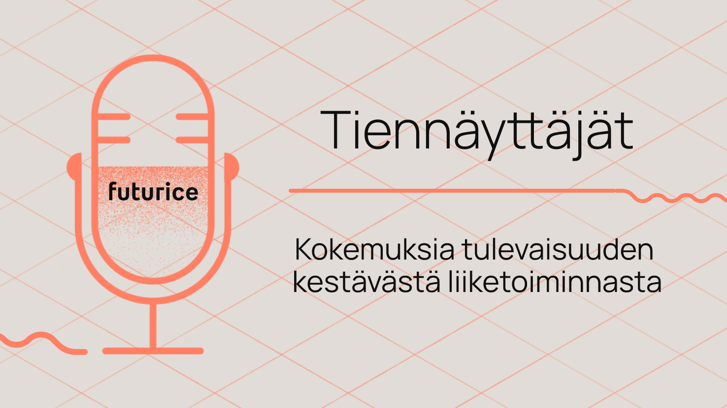 Coral microphone icon with "futurice" text and Finnish text about future sustainable business on a grid background.