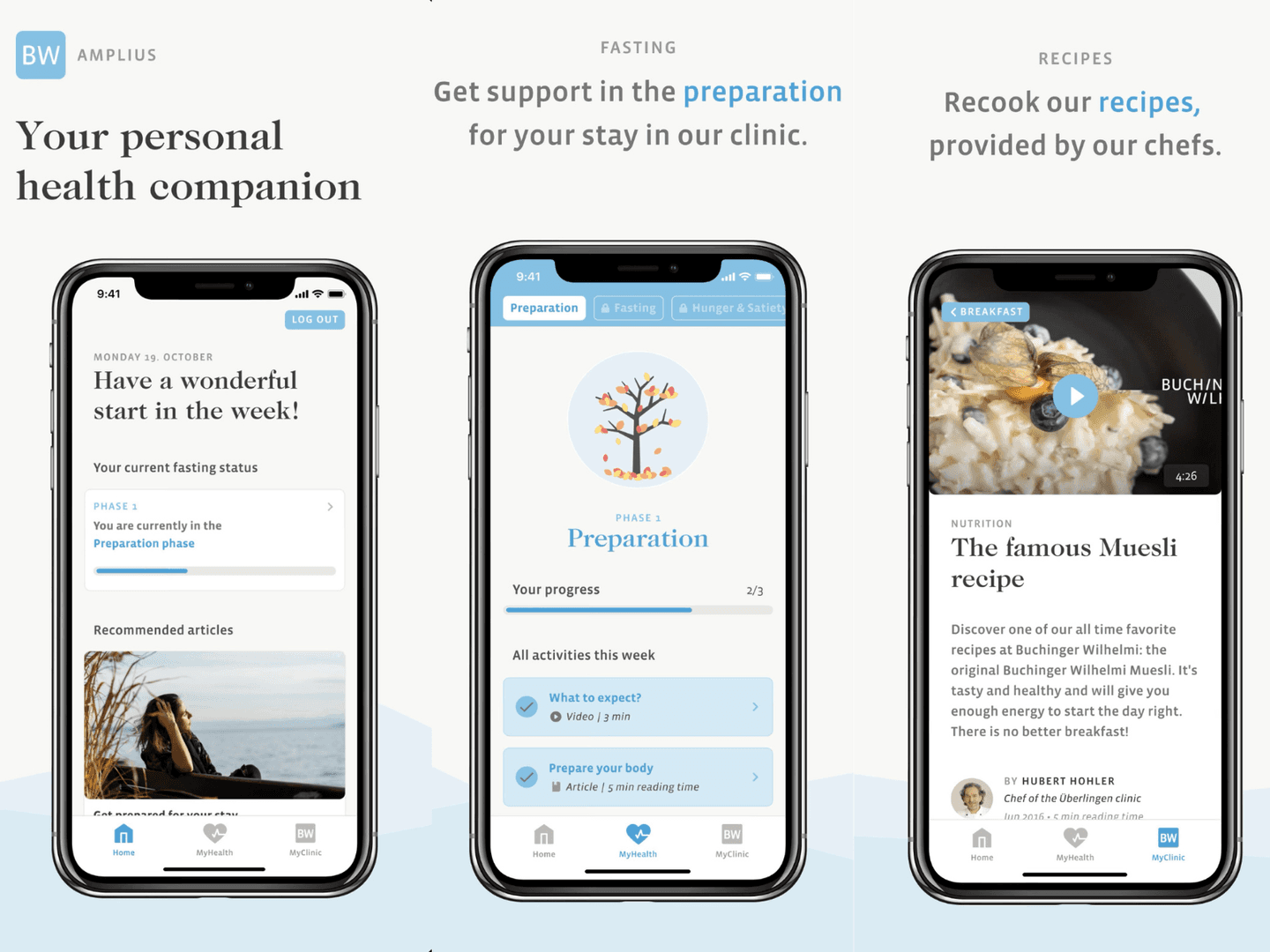 Three smartphone screens showing a health app with fasting preparation, tracking features, and a muesli recipe.