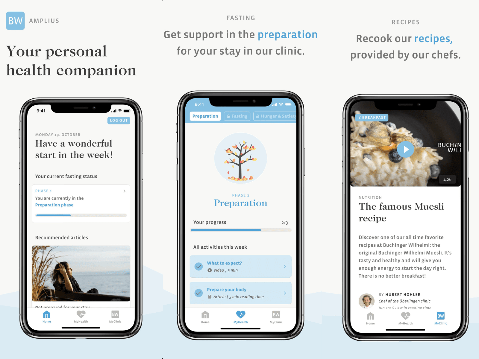 Three smartphone screens showing a health app with fasting preparation, tracking features, and a muesli recipe.