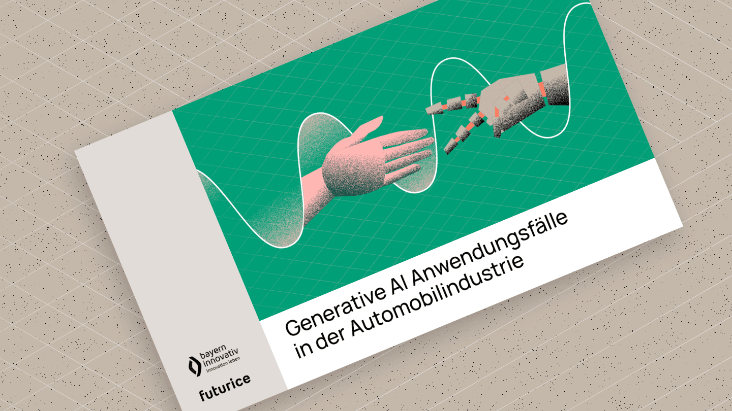 Stylized graphic showing two hands reaching toward each other on green grid background, about AI applications in automotive industry.