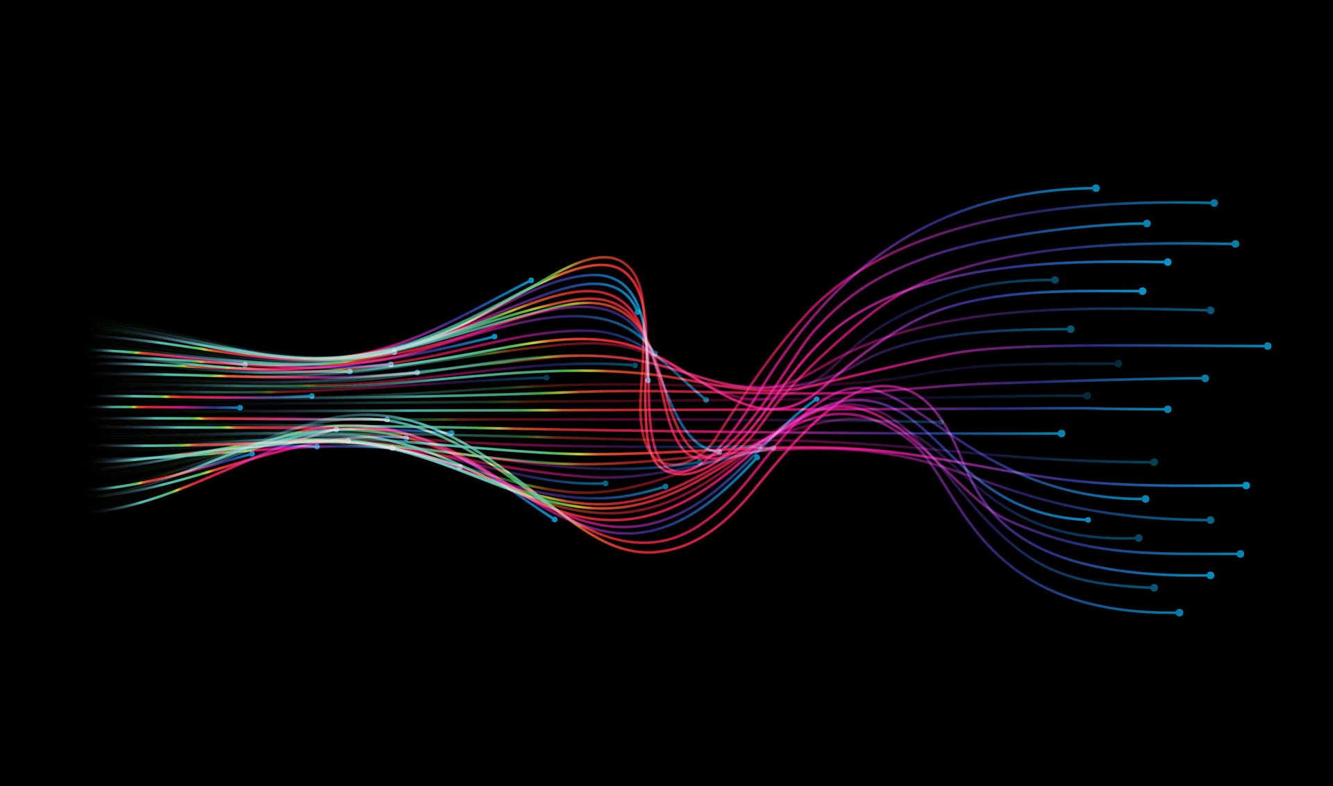 Colourful flowing data visualisation lines in pink, blue, red and green against black background, showing connection patterns.