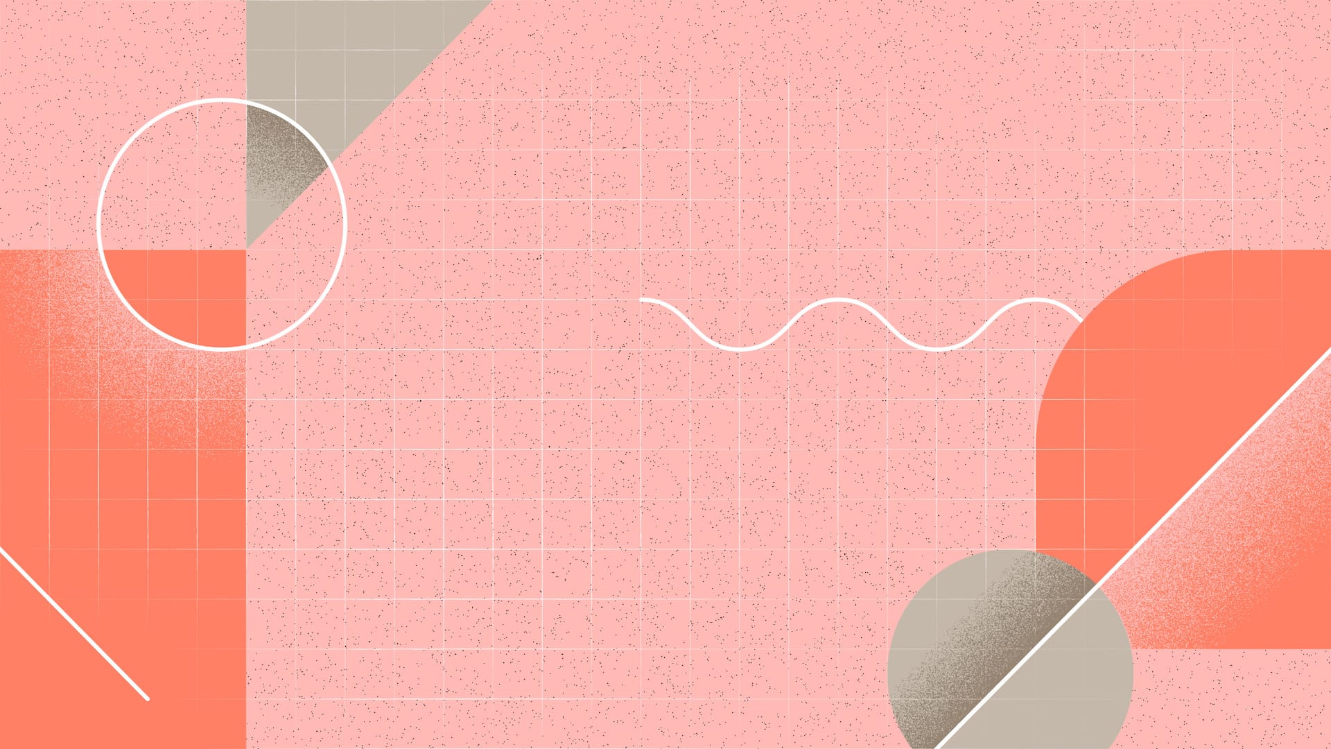 Abstract geometric design with pink background, coral shapes, grey circles, and white curved lines on a textured grid surface.